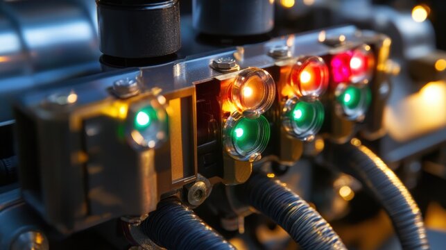 Close up of a control panel with blinking led lights in various colors, indicating activity and status in a manufacturing plant, showcasing industrial automation and monitoring systems