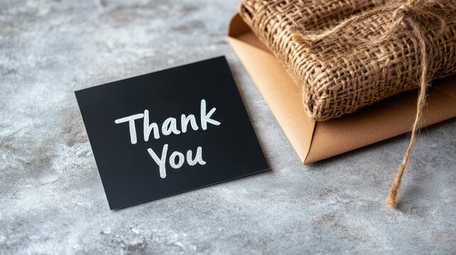 Thank you card and wrapped gift on textured surface