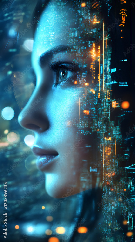 Aufkleber Digital persona merging with flowing binary code, visualizing AI-powered human connection through technological transformation