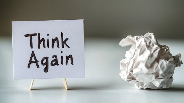 Sign reads "Think Again" beside crumpled paper, suggesting reconsideration