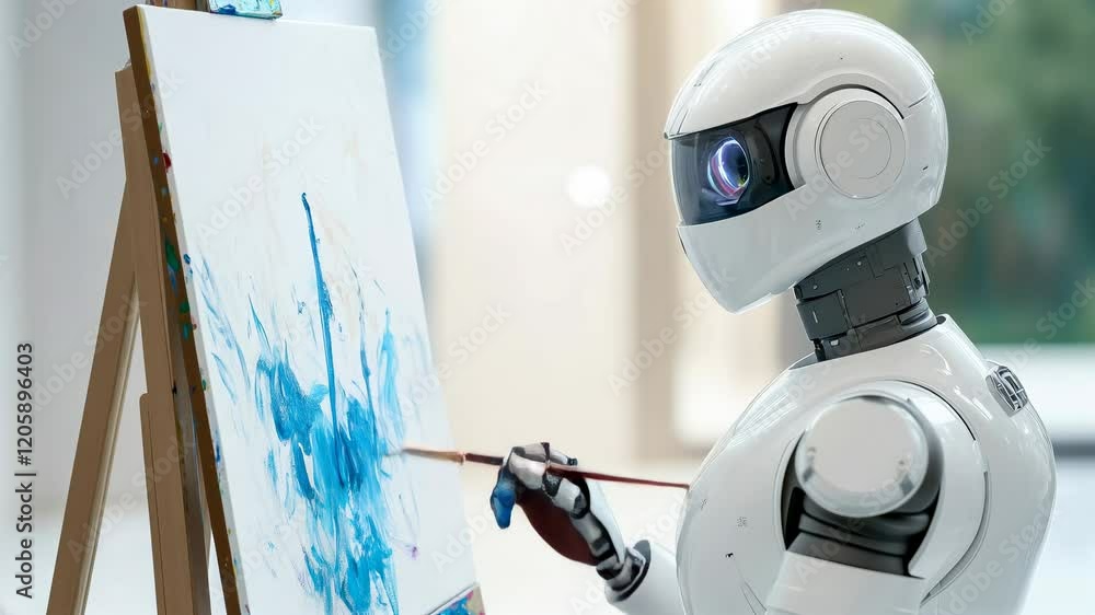 Poster a robot artist creating abstract artwork on canvas in a modern studio