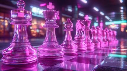 Glass chess pieces on board in neon-lit city street at night