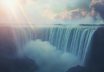 niagara falls still, cloudy, rainbow effect, cold tone slowly turns to warm tone from left to right 