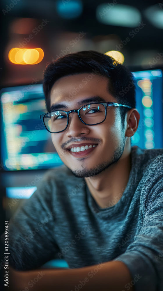Leinwandbilder asian programmer working late, coding intently in darkened office with concentrated expression, illu