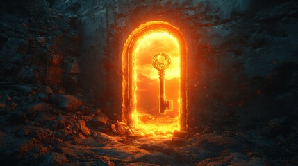 A radiant key unlocking a glowing door, [goal of life], [opportunity and breakthrough success].,advertising photography