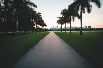 Obraz premium Wide-angle view of a peaceful path bordered by palm trees, guiding the eye toward a distant city skyline under a gentle pink morning sky