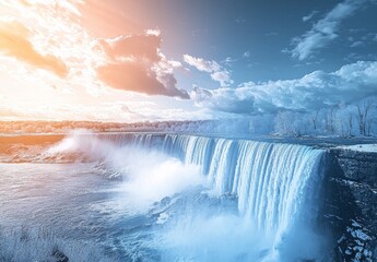 niagara falls still, cloudy, rainbow effect, cold tone slowly turns to warm tone from left to right 