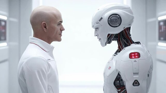 human and robot encounter in a futuristic lab