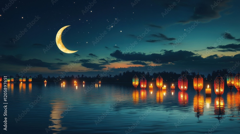 Poster a serene night scene with a crescent moon reflected on calm waters and illuminated lanterns