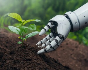 AI robot analyzing soil data for sustainable farming practices, green technology, agricultural innovation