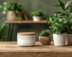 Ecofriendly tech gadgets on a wooden desk surrounded by plants, green technology, sustainable lifestyle