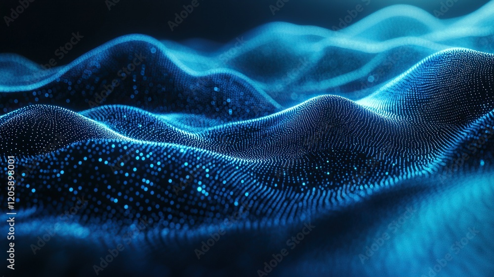 Poster glowing blue particle wave flowing in dark digital cyberspace background