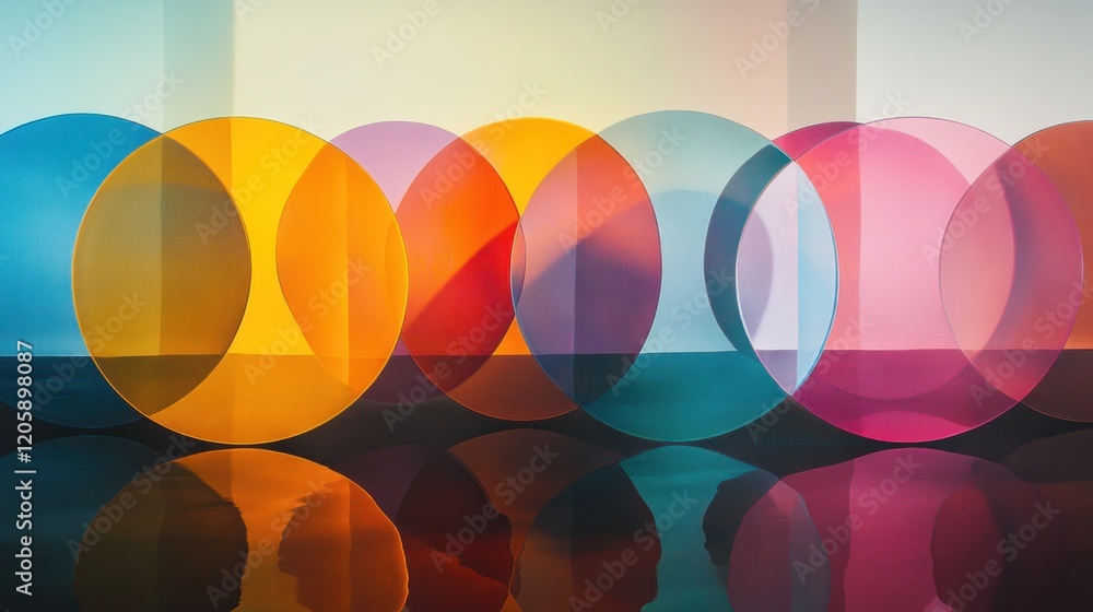 Aufkleber a series of colorful transparent circles overlapping and reflecting on a dark surface