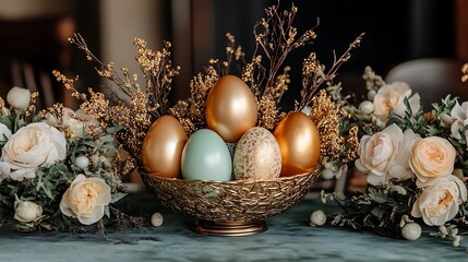 Obraz premium A festive outdoor table with baskets of colorful Easter eggs and surrounding spring blooms.