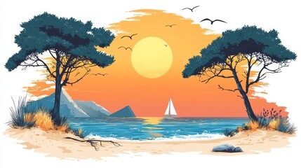 italian pine trees, sea, september, sand, bright colors, sunny, logo, vector, flat illustrative, white background, 