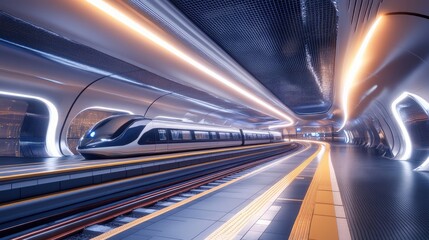 Futuristic High Speed Train In Modern Subway Station