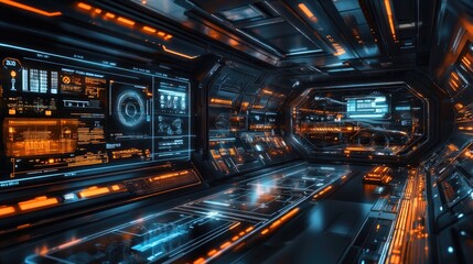 Futuristic Spaceship Corridor With Advanced Technology Displays