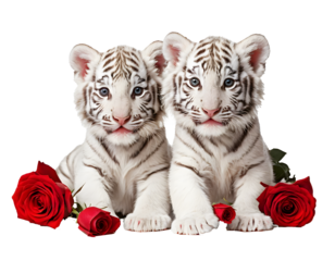 Adorable White Tiger Cubs with Red Roses