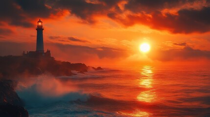 Fototapeta premium Lighthouse beaming radiant light over a vast sea, [goal of life], [guidance and success through impact]