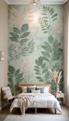 Stylish living room with a large botanical leaf mural on the wall, neutral-toned furniture, and natural decor. Soft lighting and plants create a serene, modern atmosphere.