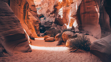 Sunlit canyon with towering sandstone formations, layered textures, contrasting light and shadow, and a winding path through a desert scene