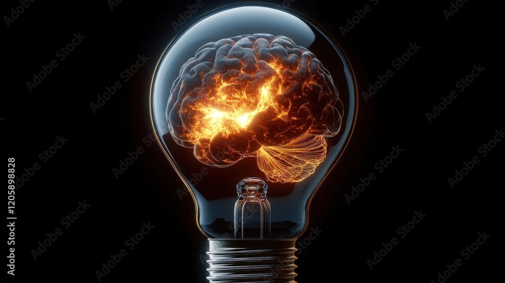 Poster fiery brain explosion inside glowing lightbulb: a conceptual image representing innovative thinking 
