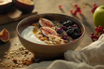 Healthy breakfast bowl with creamy yougurt, topped with seeds, nuts and local European fruits. Whole comfort breakfast, nutritive and functional.