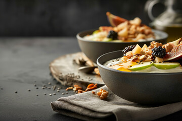 Healthy breakfast bowl with creamy yougurt, topped with seeds, nuts and local European fruits. Whole comfort breakfast, nutritive and functional.