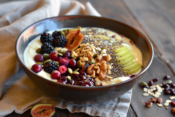 Healthy breakfast bowl with creamy yougurt, topped with seeds, nuts and local European fruits. Whole comfort breakfast, nutritive and functional.