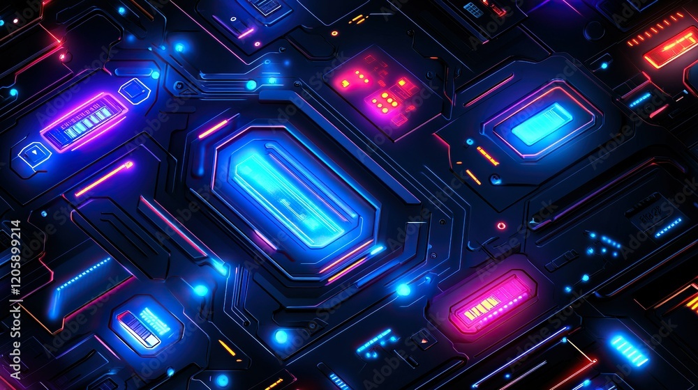 Poster glowing circuit board closeup with colorful lights and data flow