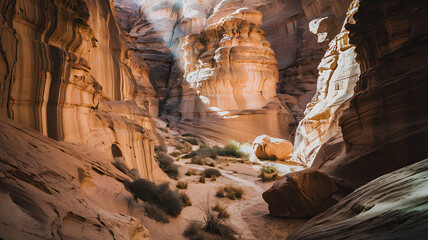 Sunlit canyon with towering sandstone formations, layered textures, contrasting light and shadow, and a winding path through a desert scene