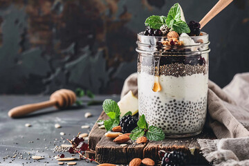 Aesthetic photo of a glass jar with chia pudding topped with blackberries, slices of green apple, seeds, and nuts