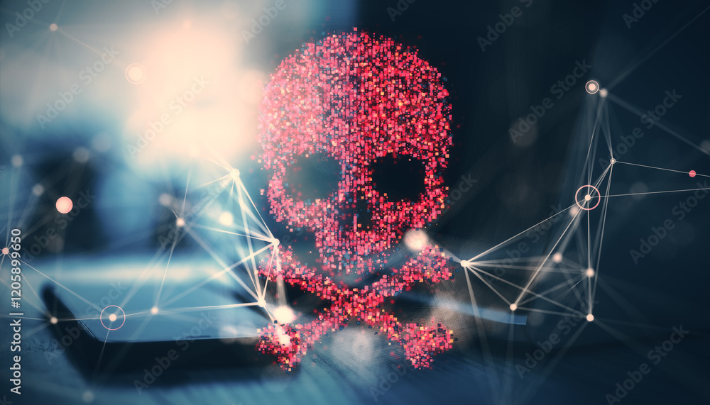 Poster Red digital skull symbolizing cybersecurity risks with a smartphone in the background. 3D Rendering