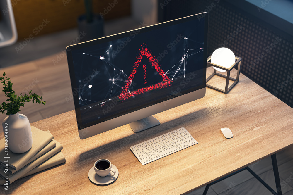 Poster Digital warning sign displayed on a desktop computer screen in a modern office environment. 3D Rendering