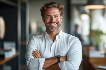 Fototapeta premium Portrait of Successful Senior Businessman Consultant Smiling and Looking at Camera Inside Modern Office Building in a Professional Business Setting and Corporate Environment. Generative Ai