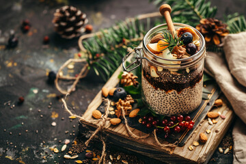 Aesthetic photo of a glass jar with chia pudding topped with blackberries, slices of green apple, seeds, and nuts