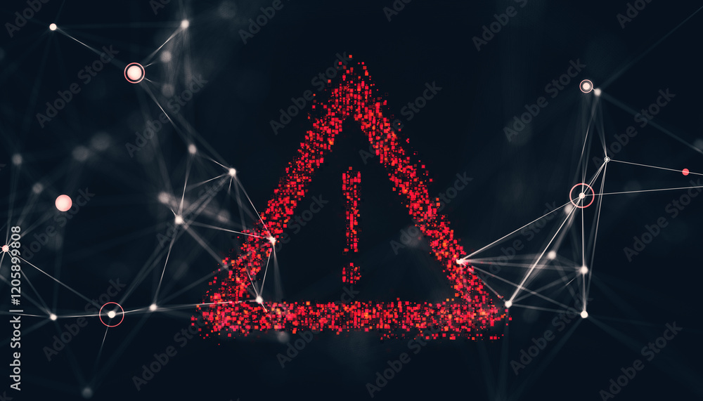 Poster Red warning exclamation mark composed of digital particles on dark background with connected network nodes. Concept of digital alert. 3D Rendering