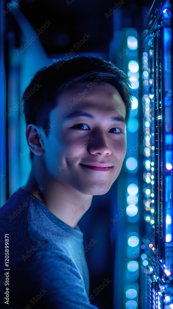 Poster asian it specialist smiling and working with server racks in a dark data center with blue light