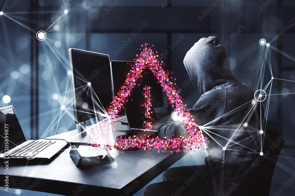 Aufkleber Hacker in hoodie working at desk with glowing warning triangle symbol. 3D Rendering