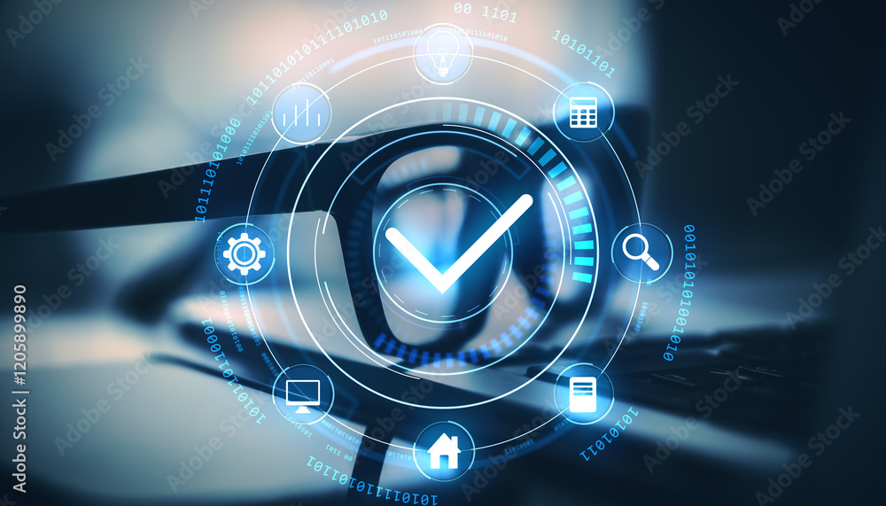 Poster Digital checkmark hologram with futuristic icons on a blurred desk background.