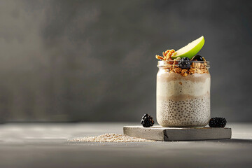 Minimalistic photo of a glass jar with chia pudding topped with blackberries, slices of green apple, seeds, and nuts, side view, lot of negative space
