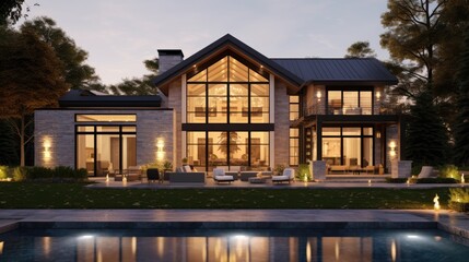 Fototapeta premium Modern Luxury Home Evening Illumination Poolside View