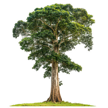 Giant teak tree with tall sturdy trunk and broad green canopy, symbolizing strength and nature beauty. This majestic tree stands proudly in its lush surroundings