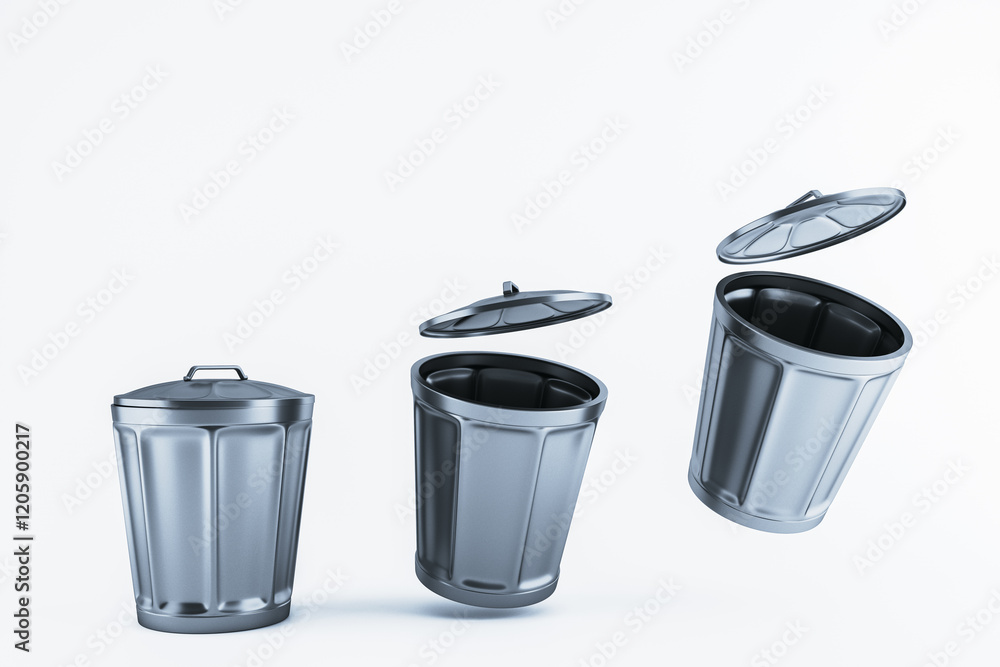 Poster Metal trash bins with removable lids on light background. 3D Rendering