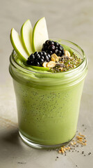 Minimalistic photo of a glass jar with chia pudding topped with blackberries, slices of green apple, seeds, and nuts, side view, lot of negative space