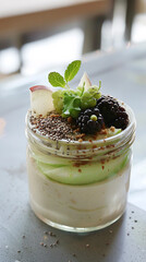 Minimalistic photo of a glass jar with chia pudding topped with blackberries, slices of green apple, seeds, and nuts, side view, lot of negative space