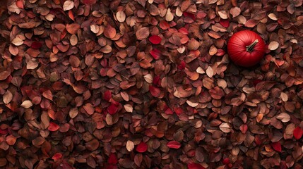 A single pumpkin rests among a bed of colorful fallen leaves, showcasing the beauty of autumn while offering ample space for additional text or designs