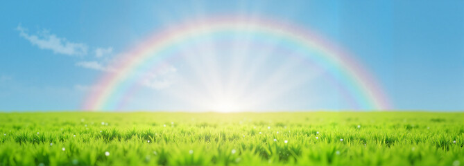 Naklejka premium Vibrant rainbow over green field and blue sky