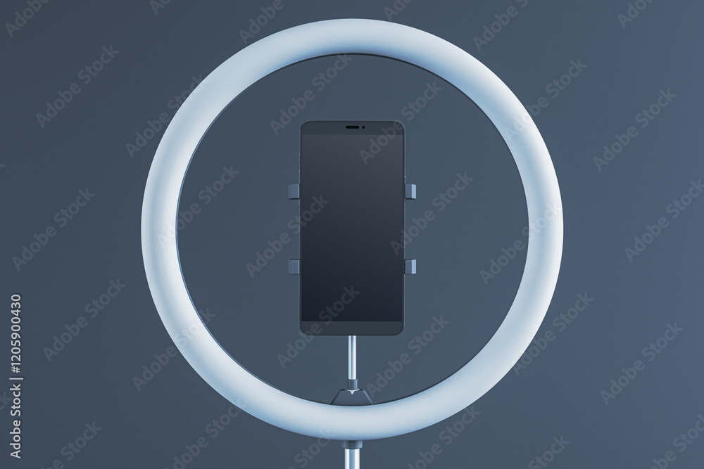 Poster Smartphone mounted in a ring light on a dark background. 3D Rendering