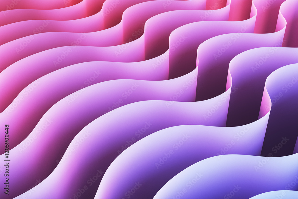 Aufkleber Abstract wavy patterns in pink and purple hues, illuminated by soft gradient light. 3D Rendering